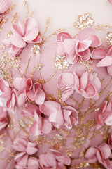 Beautiful Pink Tulle Long Prom Dress with Flowers, Lovely Tulle Sweet 16 Dress