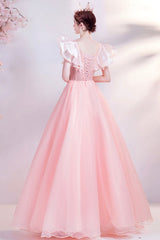 Pink V-Neck Tulle Long Prom Dress, Beautiful Pink Evening Dress