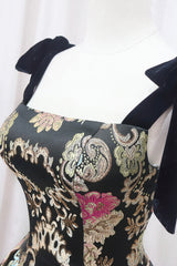 Unique Floral Floor Length Prom Dress, A-Line Black Evening Dress
