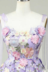 Lavender 3D Floral Embroidered Party Dress, Cute A-line Homecoming Dress