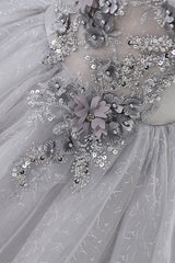 Gray Scoop Neckline Tulle Sequins Short Prom Dress, A-Line Off the Shoulder Evening Party Dress