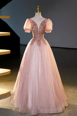 Pink Tulle Beaded Long Ball Gown, Beautiful A-Line Prom Dress, Pink Sweet 16 Dress