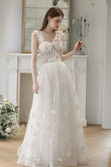 White Lace with Butterflies Long Formal Dress, White Prom Dress