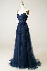 Navy Blue Tulle Lace Long Prom Dress, Beautiful Spaghetti Straps Formal Dress