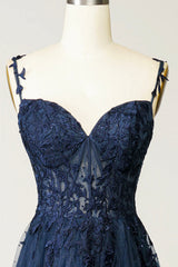 Navy Blue Tulle Lace Long Prom Dress, Beautiful Spaghetti Straps Formal Dress