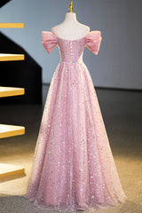 Beautiful Tulle Sequins Long Prom Dress, Pink Off Shoulder Evening Dress