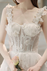 White Lace with Butterflies Long Formal Dress, White Prom Dress