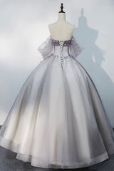 Gray Tulle Floor Length Prom Dress, Off the Shoulder Evening Party Dress