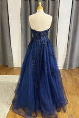 Blue Strapless Lace Long Prom Dress, A-Line Evening Dress Party Dress