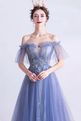Off the Shoulder Lace Long Formal Dress, Blue A-Line Evening Party Dress