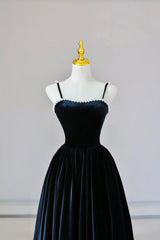 Black Spaghetti Strap Velvet Long Prom Dress with Pearls, A-Line Evening Dress Party Dress