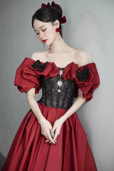 Burgundy Satin and Black Lace Floor Length Prom Dress, Off the Shoulder Evening Party Dress
