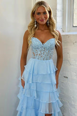 Light Blue Strapless High Low Prom Dress, Blue Lace Layered Formal Evening Dress