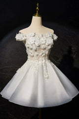 Beautiful Flowers Lace Short Prom Dress, White A-Line Evening Party Dress