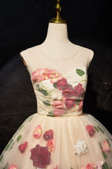 Cute Scoop Neck Short Prom Dress with Flowers, Champagne  A-Line Party Dress