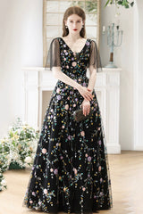 Black V-Neck Tulle Sequins Long Prom Dress, Black A-Line Formal Evening Dress