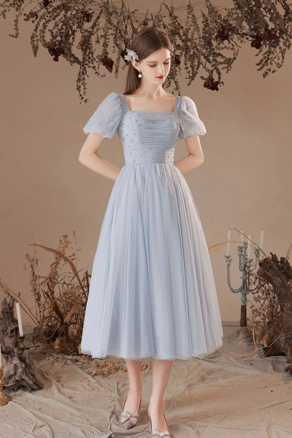 Gray Tulle Pearl Short Prom Dress, Cute A-Line Homecoming Dress