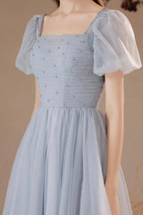 Gray Tulle Pearl Short Prom Dress, Cute A-Line Homecoming Dress
