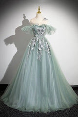 Cute Scoop Neckline Tulle Long Prom Dress with Lace, A-Line Off the Shoulder Evening Party Dress