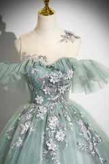 Cute Scoop Neckline Tulle Long Prom Dress with Lace, A-Line Off the Shoulder Evening Party Dress