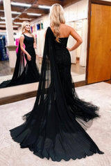 Black One Shoulder Lace Long Prom Dress, Mermaid Tulle Evening Party Dress