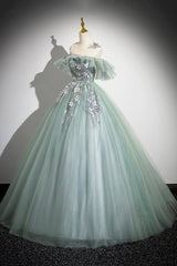 Cute Scoop Neckline Tulle Long Prom Dress with Lace, A-Line Off the Shoulder Evening Party Dress