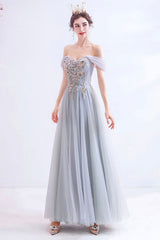 Gray Lace Long A-Line Prom Dress, Off the Shoulder Evening Party Dress
