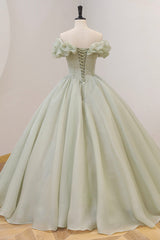 Green A-Line Tulle Long Prom Dress with Beaded, Off the Shoulder Evening Dress