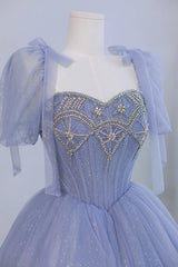 Blue Tulle Beaded Long Prom Dress, Beautiful A-line Blue Evening Party Dress