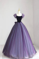 Purple Tulle Long Prom Dress with Velvet, Cute A-Line Short Sleeve Evening Dress