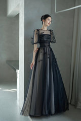 Black Tulle Sequins Long Prom Dress, Lovely A-Line Evening Party Dress