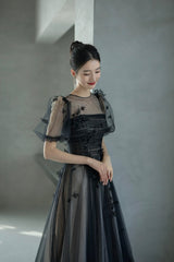 Black Tulle Sequins Long Prom Dress, Lovely A-Line Evening Party Dress