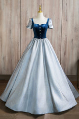 A-Line Square Neckline Floor Length Prom Dress, Blue Short Sleeve Evening Party Dress