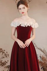 Burgundy Velvet Off Shoulder Long Prom Dress, Burgundy A Line Evening Dress