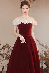 Burgundy Velvet Off Shoulder Long Prom Dress, Burgundy A Line Evening Dress
