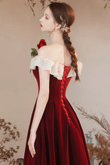 Burgundy Velvet Off Shoulder Long Prom Dress, Burgundy A Line Evening Dress