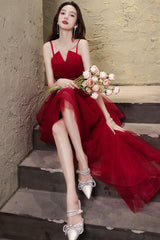 Burgundy Lace High-Low Prom Dress, Lovely Homecoming Party Dress