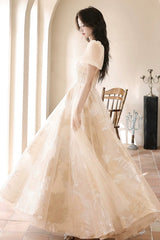 Champagne Tulle Long Prom Dresses, Champagne Short Sleeve Evening Dresses