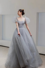 Gray Tulle Floor Length A-Line Prom Dress, Lovely Puff Sleeve Evening Party Dress