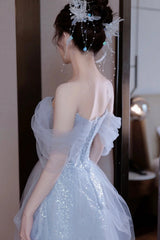 Light Blue Tulle Off Shoulder Party Dress, A-Line Sequins Blue Formal Dress Prom Dress