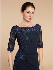 Aimishang  Sheath / Column Mother of the Bride Dress Wedding Guest Elegant Scoop Neck Ankle Length Chiffon Lace Half Sleeve with Sequin Ruching Solid Color