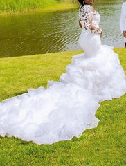 Wholesale Engagement Plus Size Curve Formal Wedding Dresses Mermaid / Trumpet Off Shoulder Long Sleeve Cathedral Train Lace Bridal Gowns With Appliques Solid Color