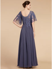 Aimishang  A-Line Mother of the Bride Dress Wedding Guest Elegant V Neck Floor Length Chiffon Lace Short Sleeve with Sequin Ruching Solid Color