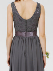 Sheath / Column Bateau Floor Length Chiffon / Floral Lace Bridesmaid Dress with Lace / Sash / Ribbon