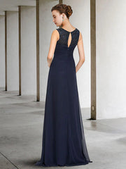 A-Line Mother of the Bride Dress Elegant Jewel Neck Floor Length Chiffon Sleeveless with Pleats