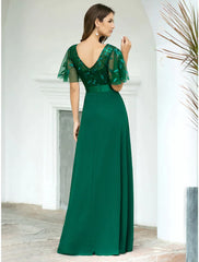 A-Line Prom Dresses Evening Party Floor Length Short Sleeve  Chiffon V Back with Sequin
