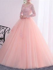 Ball Gown Quinceanera Dresses Princess Dress Performance Quinceanera Floor Length Long Sleeve V Neck Polyester with Crystals Appliques