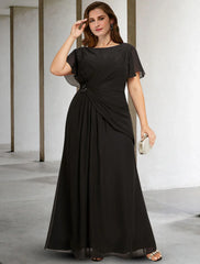 A-Line Plus Size Curve Mother of the Bride Dresses Elegant Cape Dress Dress Formal Wedding Guest Floor Length Sleeveless Jewel Neck Chiffon with Ruched Crystals