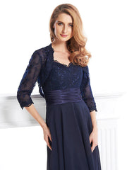 A-Line Mother of the Bride Dress Convertible Dress V Neck Tea Length Chiffon Corded Lace Sleeveless with Lace Pleats Appliques