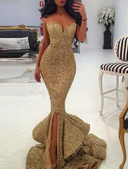 Mermaid / Trumpet Evening Gown Sexy Dress Wedding Guest Formal Evening Court Train Sleeveless Sweetheart Sequined with Ruffles Slit